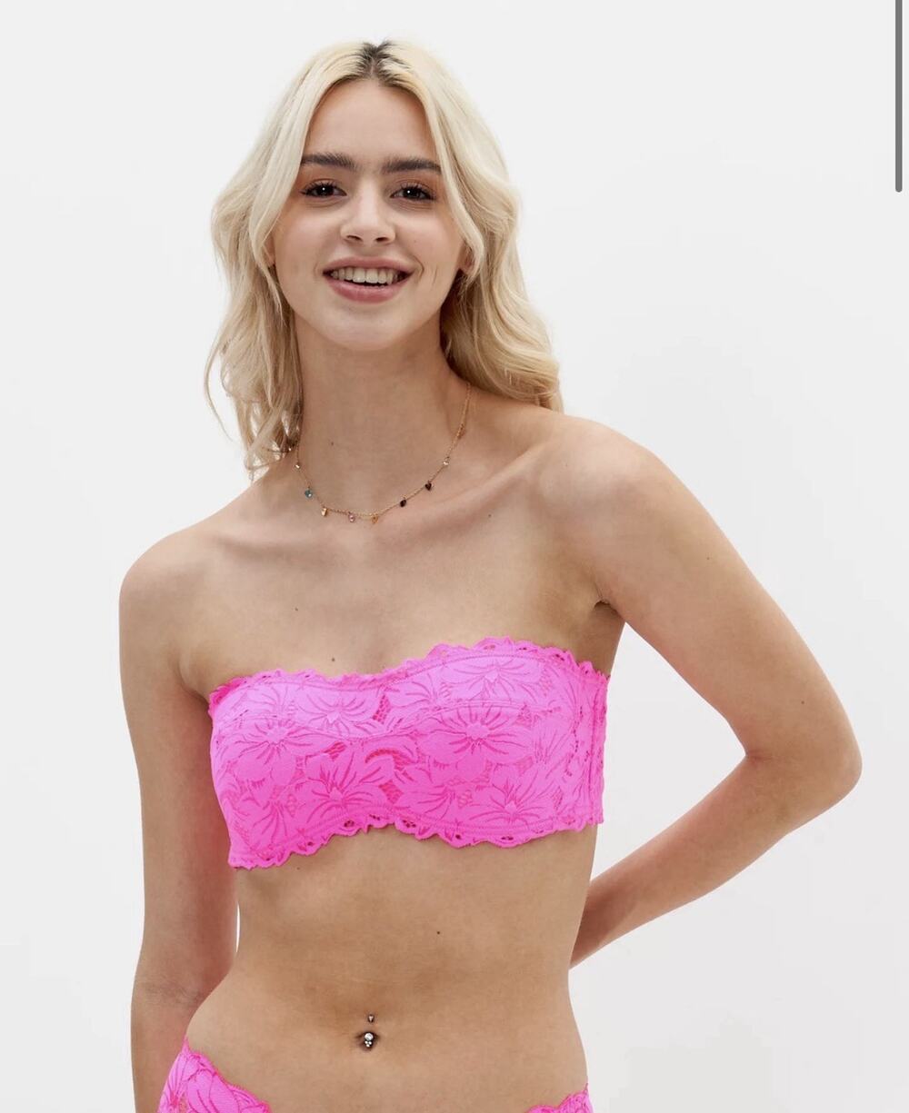 Aerie Real Power Beach Daze Lace Unlined Bandeau Bra Pink Lace 38C Wired NWT